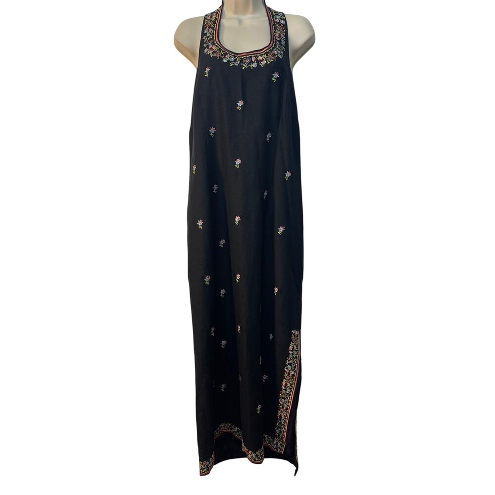 Kenar Halterneck Embroidered Maxi Dress with a Slit on the Left Side Black Sz 16